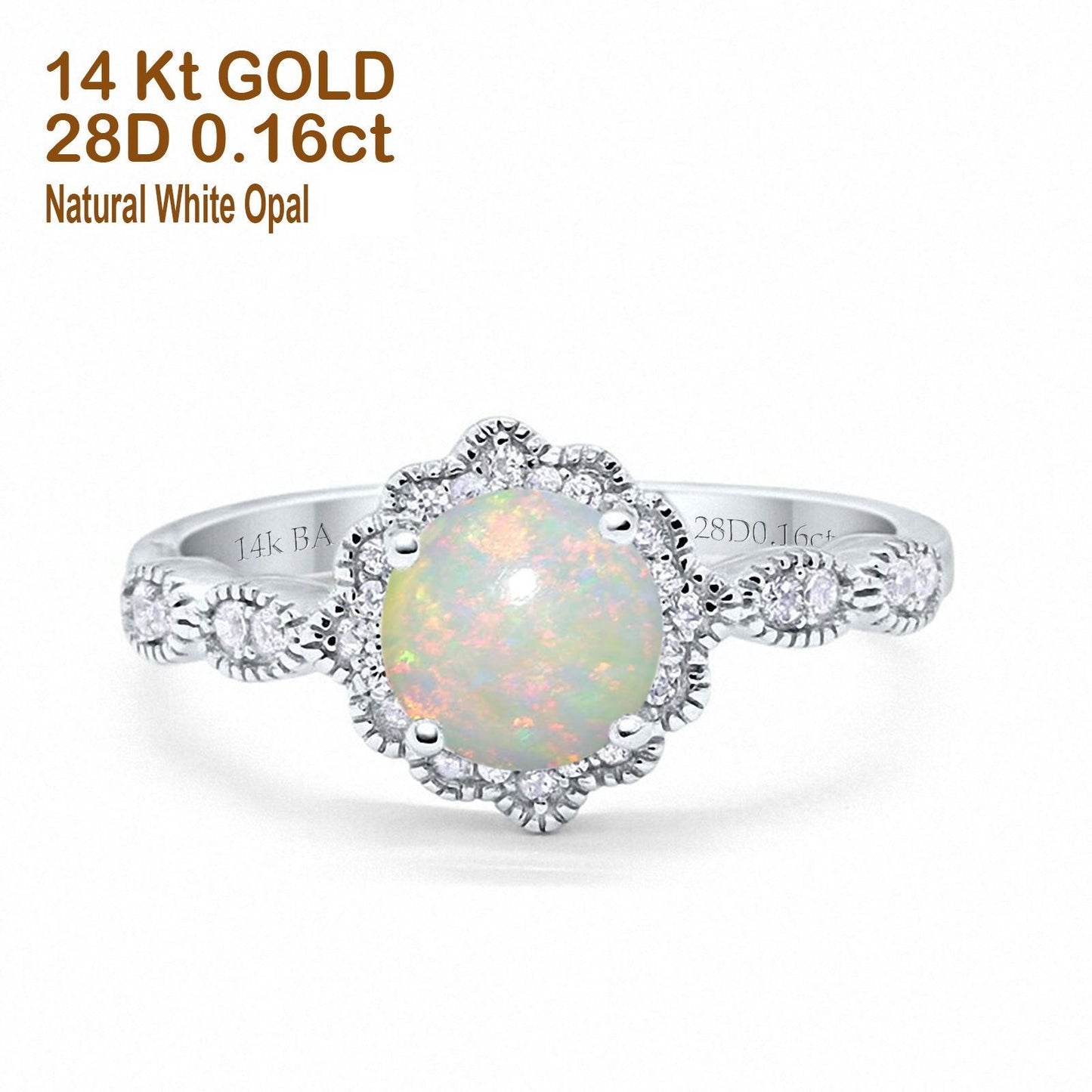 14K White Gold Round Natural White Opal 0.16ct G SI Diamond Engagement Ring Size 6.5