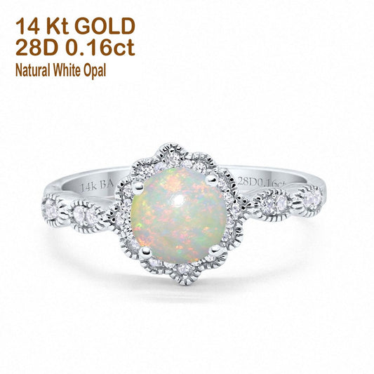 14K White Gold Round Natural White Opal 0.16ct G SI Diamond Engagement Ring Size 6.5