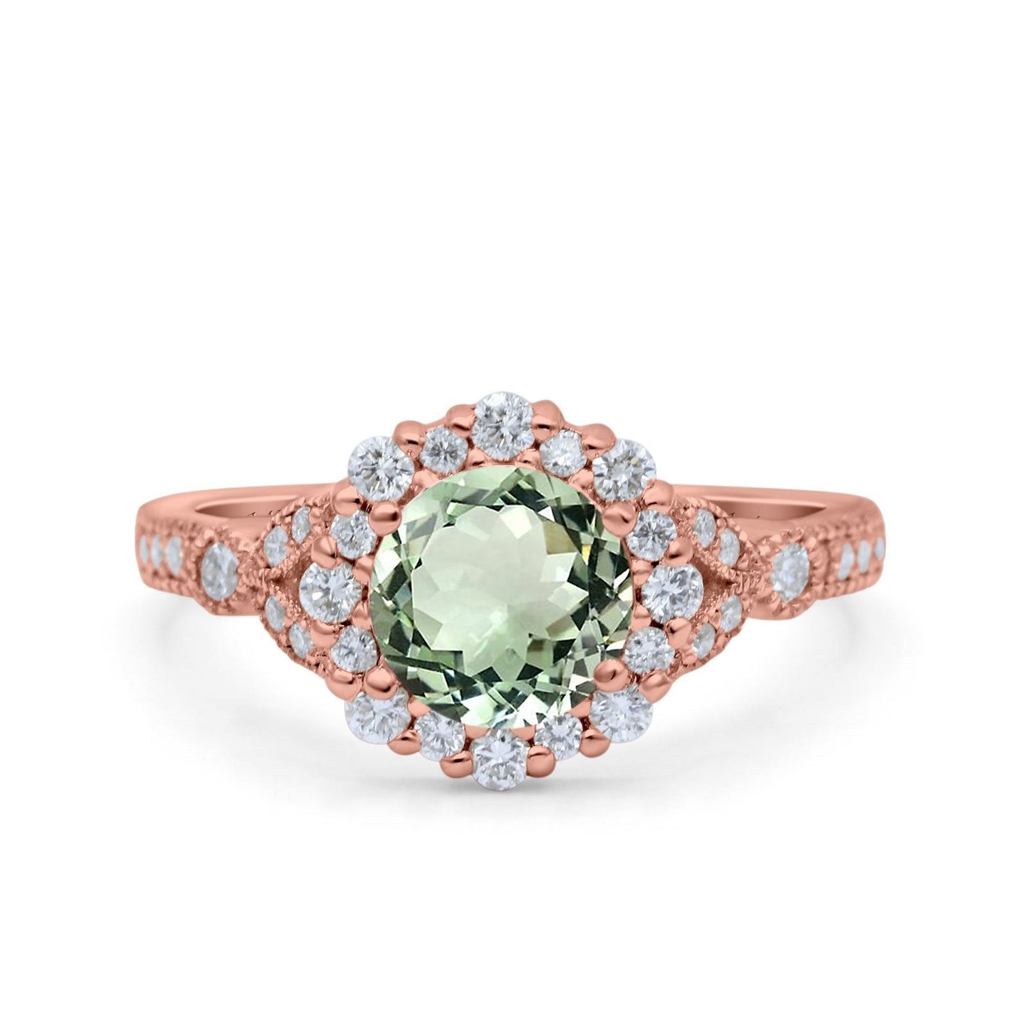 14K Rose Gold 1.25ct Floral Art Deco Round 6mm G SI Natural Green Amethyst Diamond Engagement Wedding Ring Size 6.5