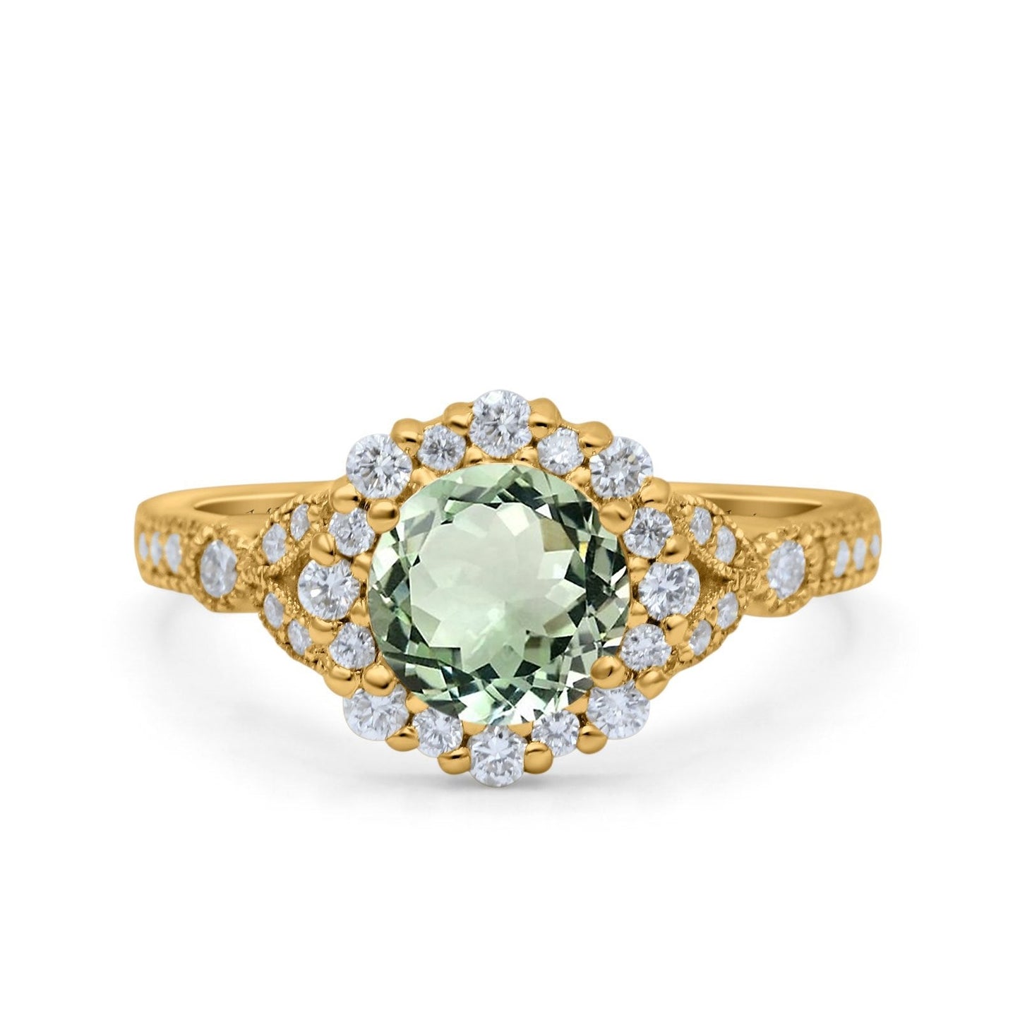 14K Yellow Gold 1.25ct Floral Art Deco Round 6mm G SI Natural Green Amethyst Diamond Engagement Wedding Ring Size 6.5