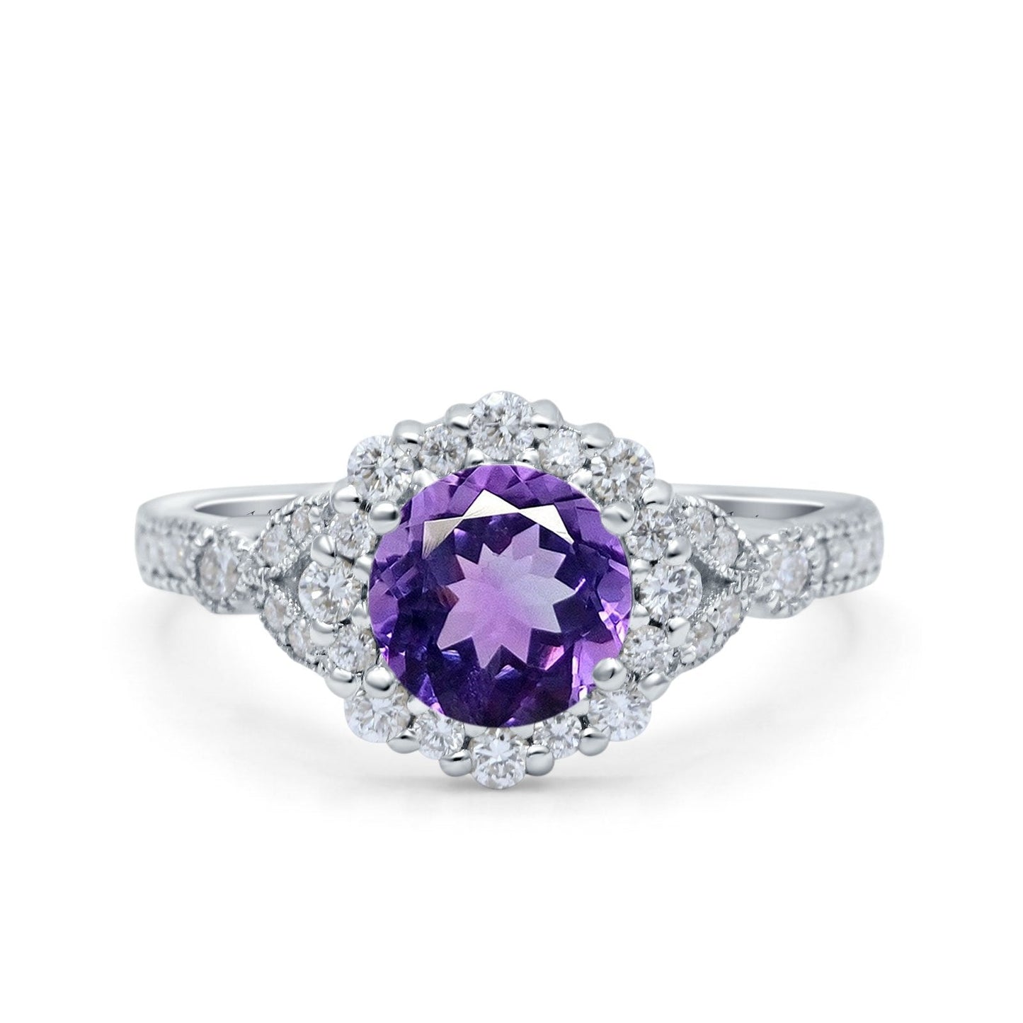 14K White Gold 1.25ct Floral Art Deco Round 6mm G SI Natural Amethyst Diamond Engagement Wedding Ring Size 6.5