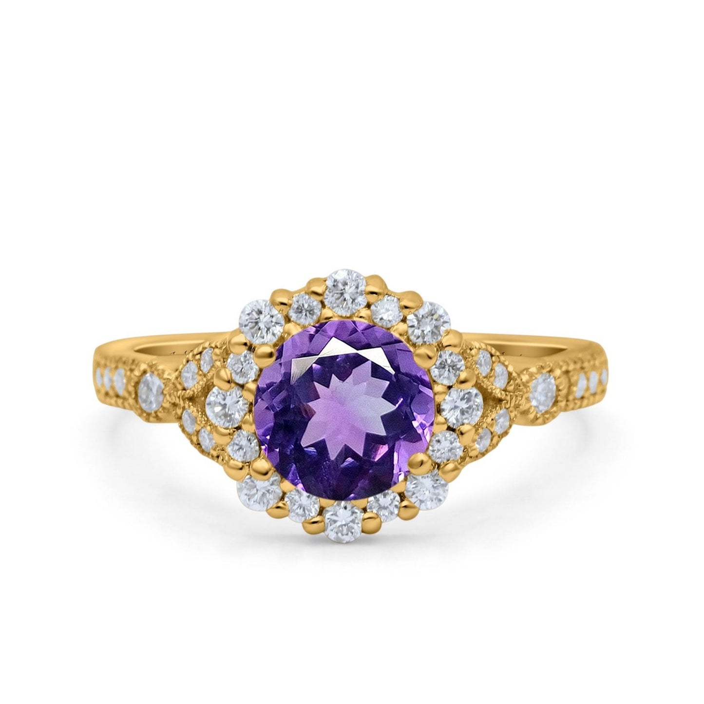 14K Yellow Gold 1.25ct Floral Art Deco Round 6mm G SI Natural Amethyst Diamond Engagement Wedding Ring Size 6.5