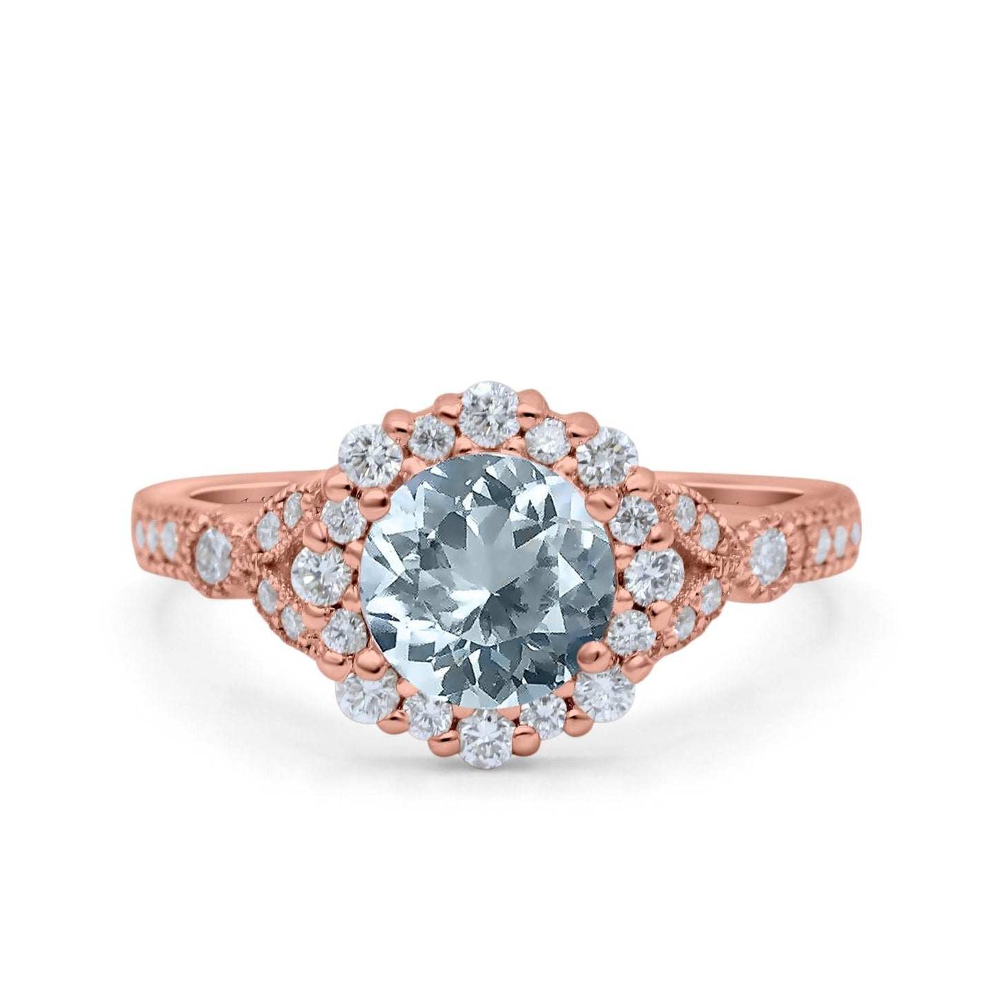 14K Rose Gold 1.25ct Floral Art Deco Round 6mm G SI Natural Aquamarine Diamond Engagement Wedding Ring Size 6.5