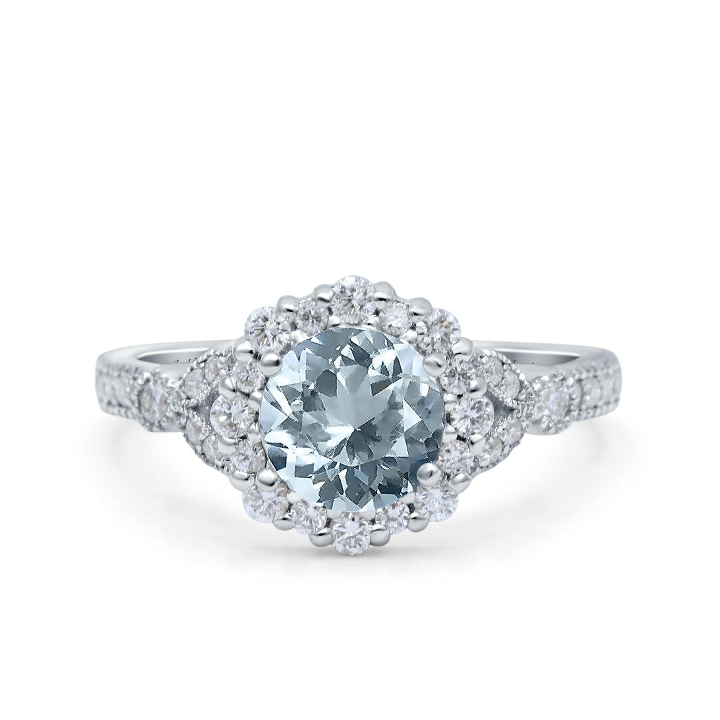 14K White Gold 1.25ct Floral Art Deco Round 6mm G SI Natural Aquamarine Diamond Engagement Wedding Ring Size 6.5