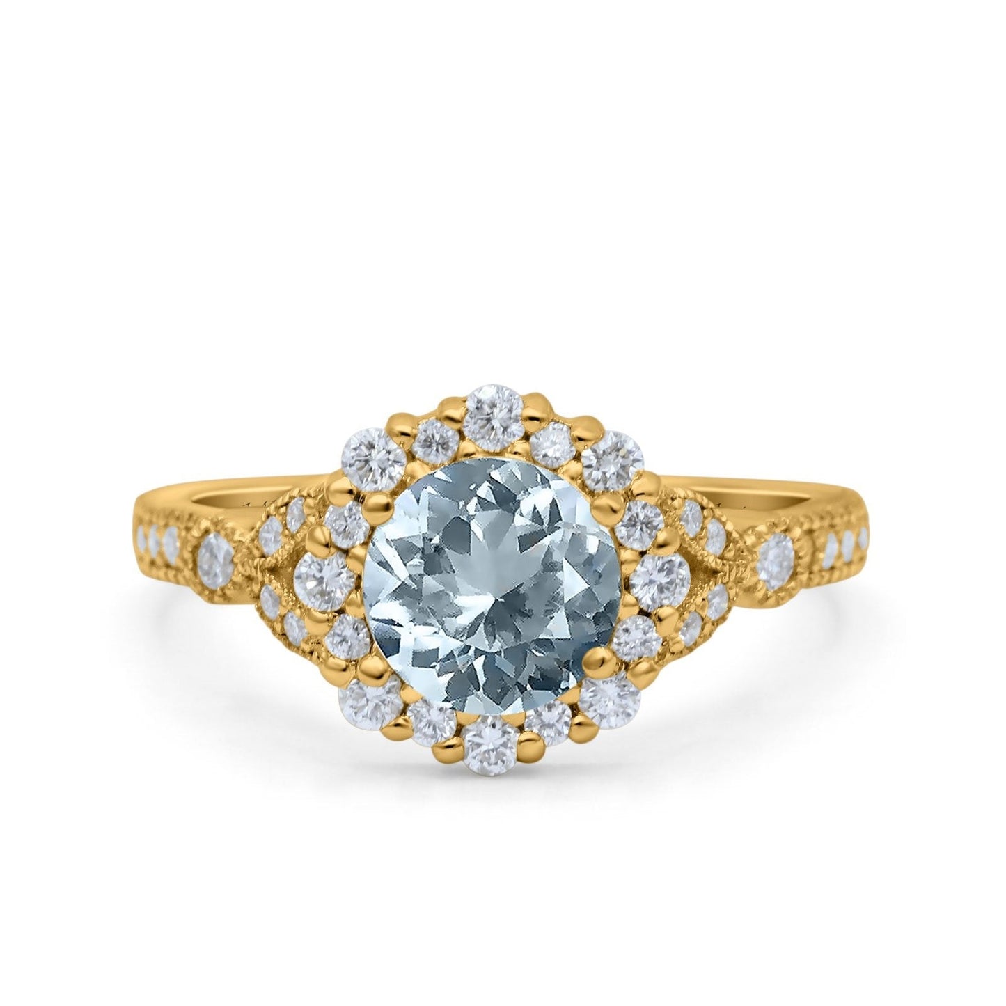 14K Yellow Gold 1.25ct Floral Art Deco Round 6mm G SI Natural Aquamarine Diamond Engagement Wedding Ring Size 6.5