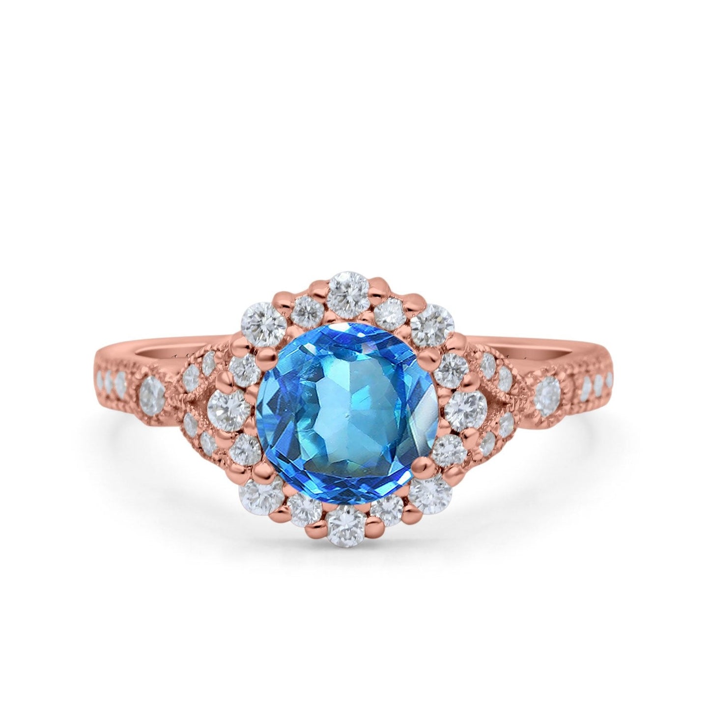 14K Rose Gold 1.25ct Floral Art Deco Round 6mm G SI Natural Blue Topaz Diamond Engagement Wedding Ring Size 6.5