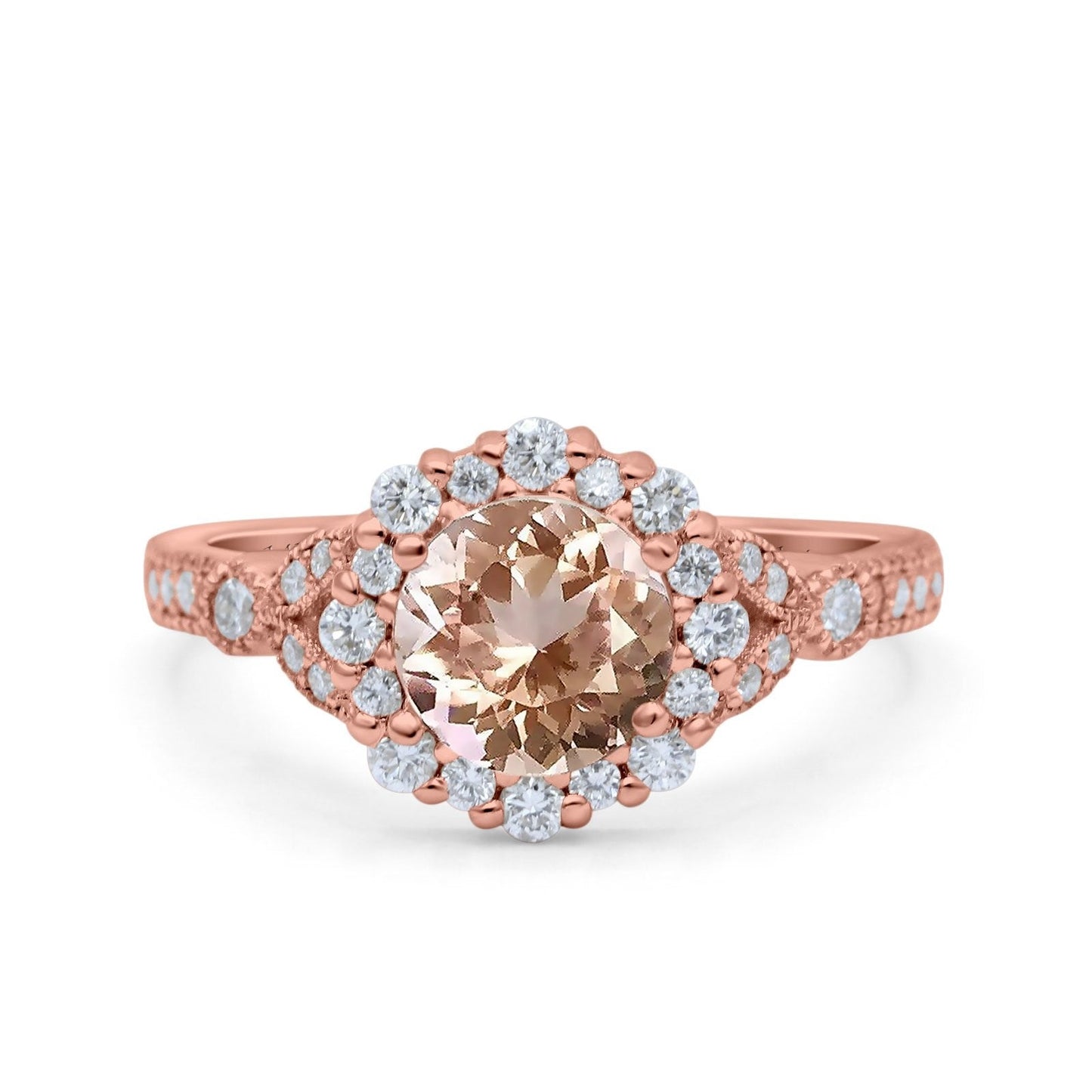 Bague de fiançailles en or rose 14 carats 1,25 ct Art déco floral rond 6 mm G SI avec diamant morganite naturel taille 6,5