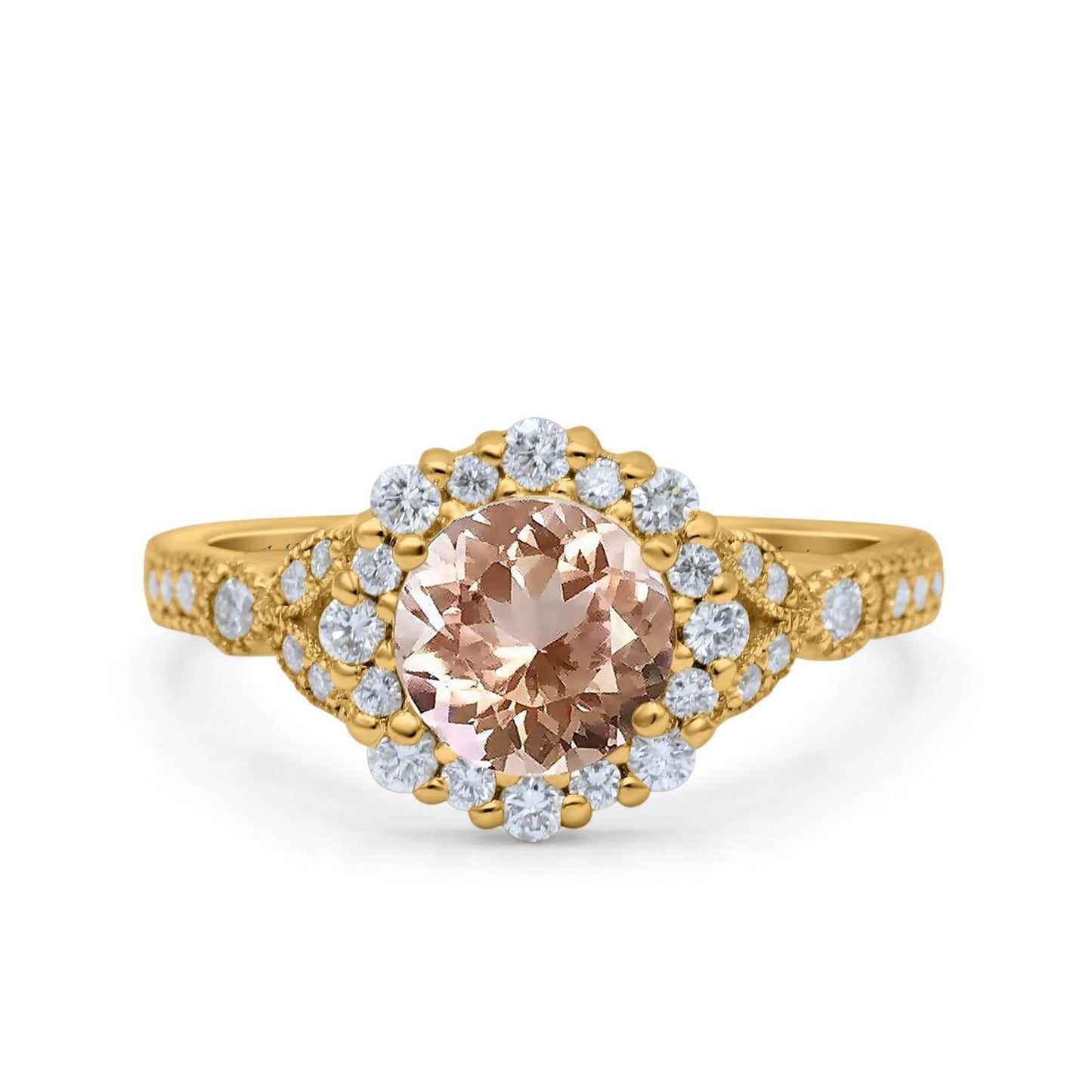 14K Yellow Gold 1.25ct Floral Art Deco Round 6mm G SI Natural Morganite Diamond Engagement Wedding Ring Size 6.5