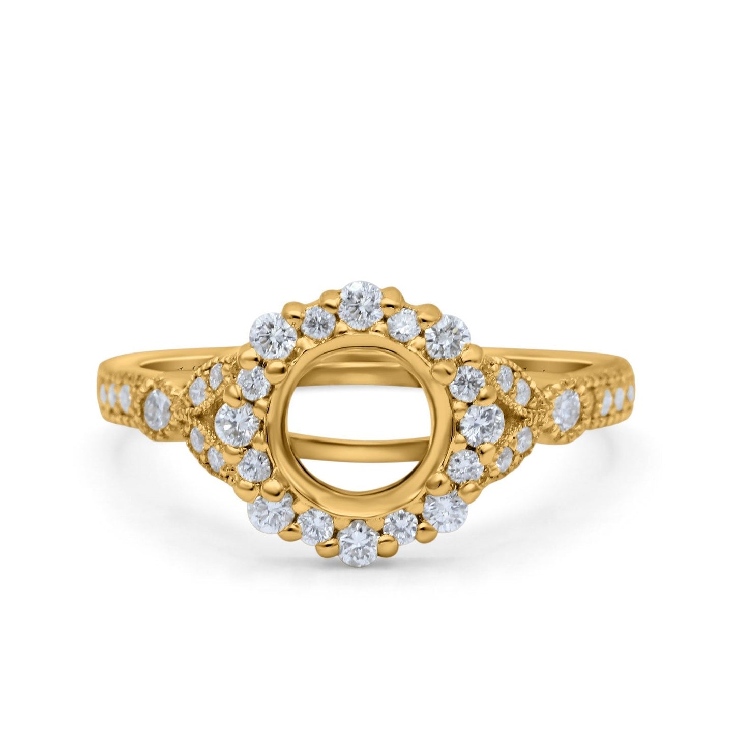 14K Yellow Gold 0.41ct Floral Art Deco Round 6mm G SI Semi Mount Diamond Engagement Wedding Ring