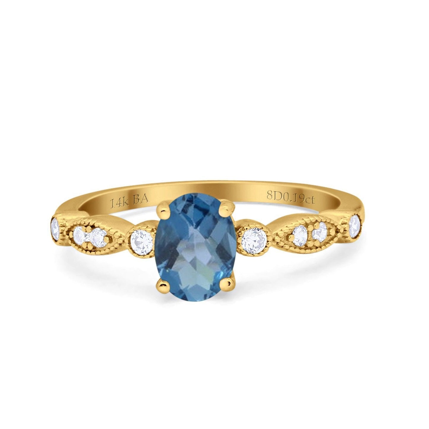 14K Yellow Gold 1.4ct Oval Vintage Style 8mmx6mm G SI London Blue Topaz Diamond Engagement Wedding Ring Size 6.5