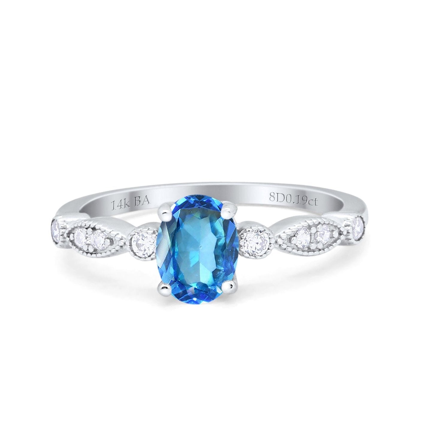 14K White Gold 1.4ct Oval Vintage Style 8mmx6mm G SI Natural Blue Topaz Diamond Engagement Wedding Ring Size 6.5