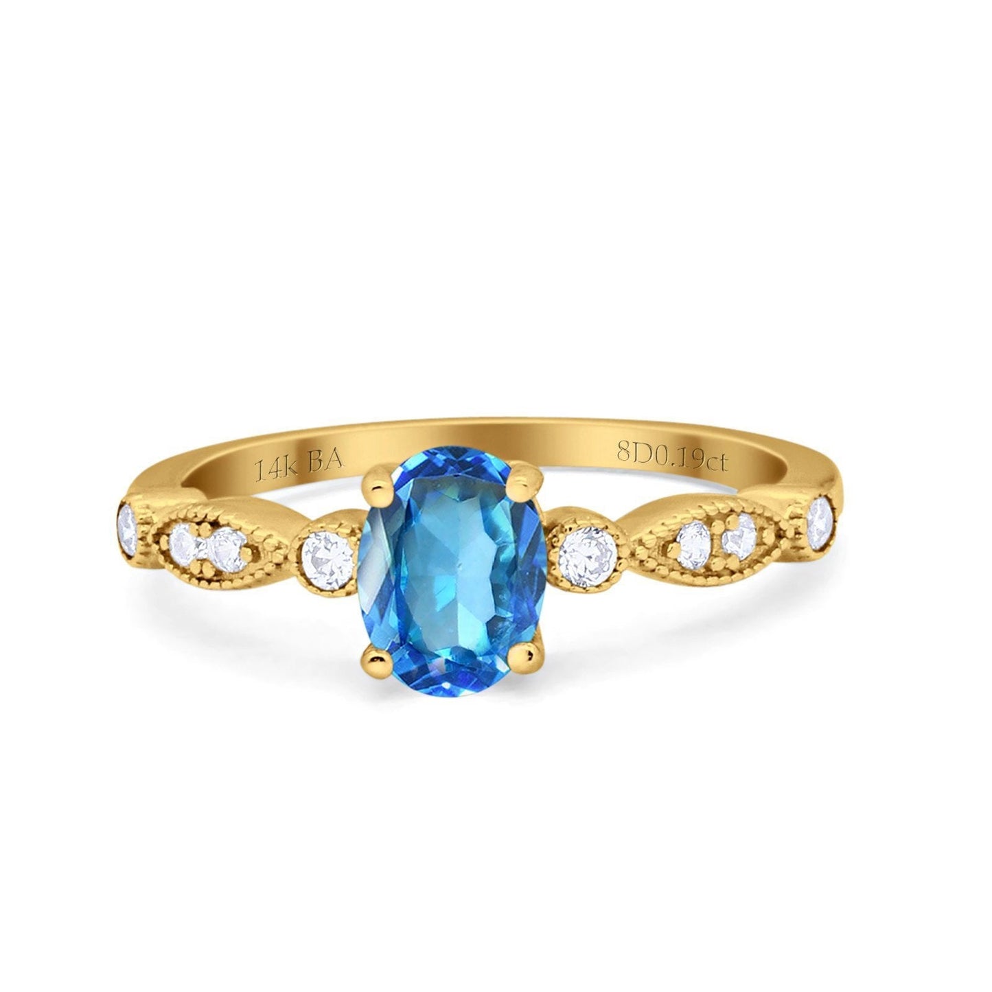 14K Yellow Gold 1.4ct Oval Vintage Style 8mmx6mm G SI Natural Blue Topaz Diamond Engagement Wedding Ring Size 6.5