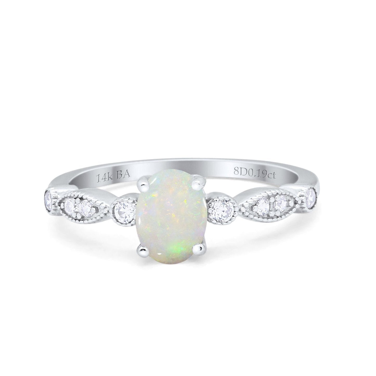 14K White Gold 0.19ct Oval Vintage Style 8mmx6mm G SI Natural White Opal Diamond Engagement Wedding Ring Size 6.5