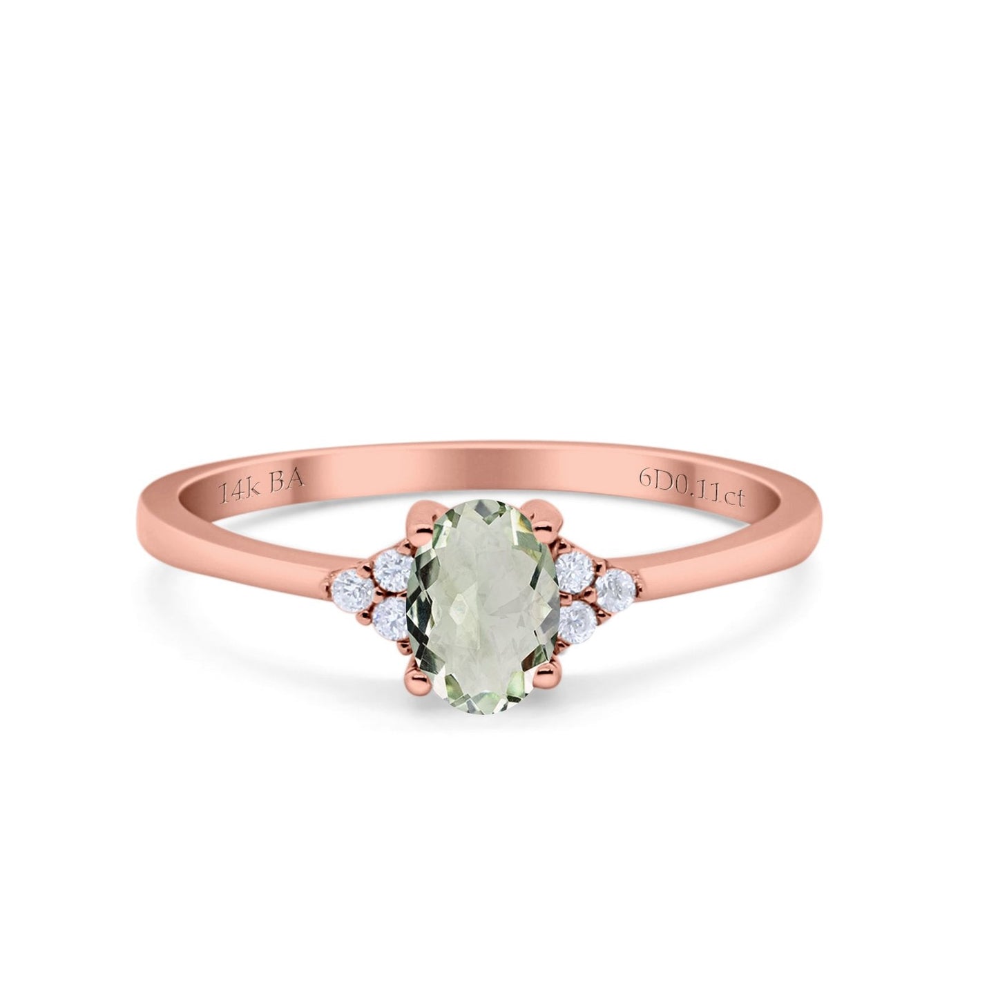 14K Rose Gold 0.87ct Art Deco Oval 7mmx5mm G SI Natural Green Amethyst Diamond Engagement Wedding Ring Size 6.5