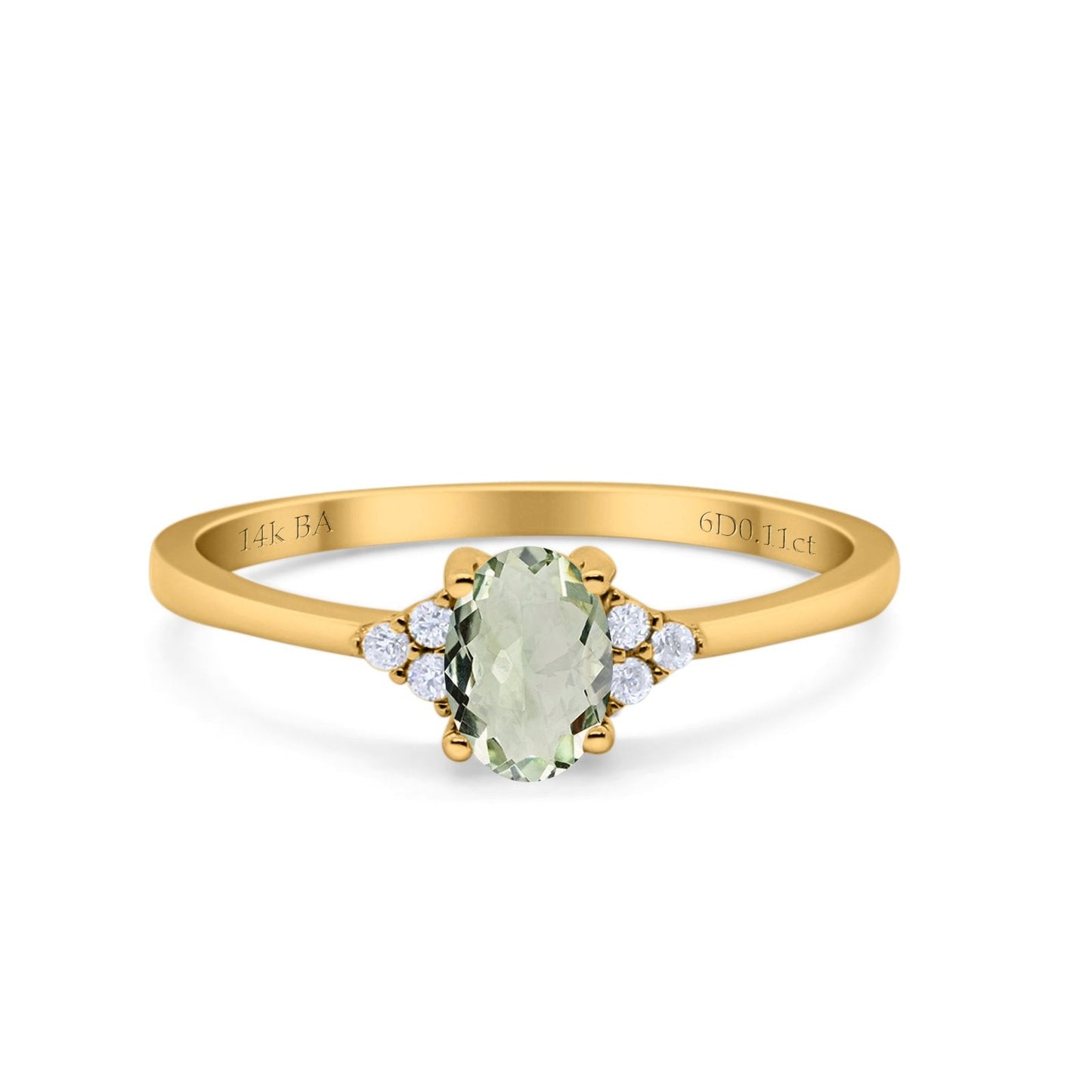 14K Yellow Gold 0.87ct Art Deco Oval 7mmx5mm G SI Natural Green Amethyst Diamond Engagement Wedding Ring Size 6.5