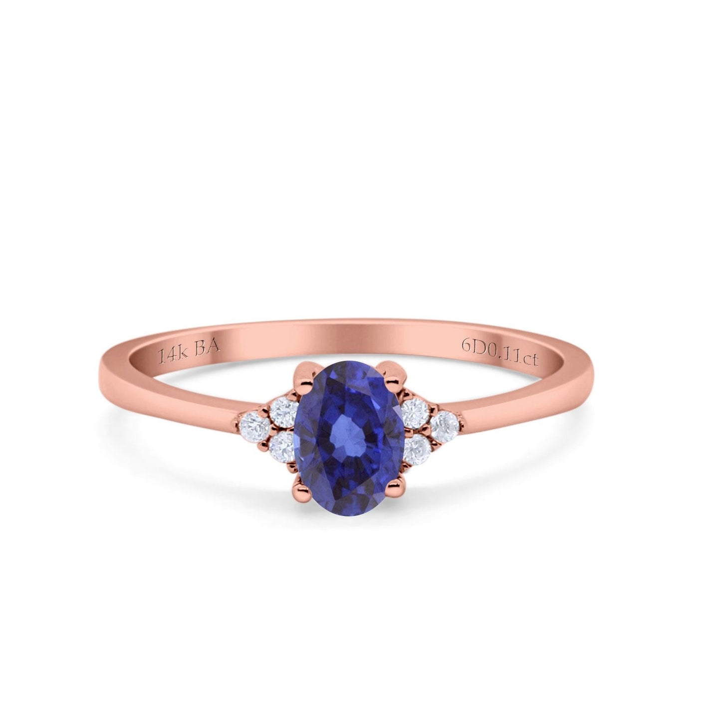 14K Rose Gold 0.87ct Art Deco Oval 7mmx5mm G SI Nano Blue Sapphire Diamond Engagement Wedding Ring Size 6.5