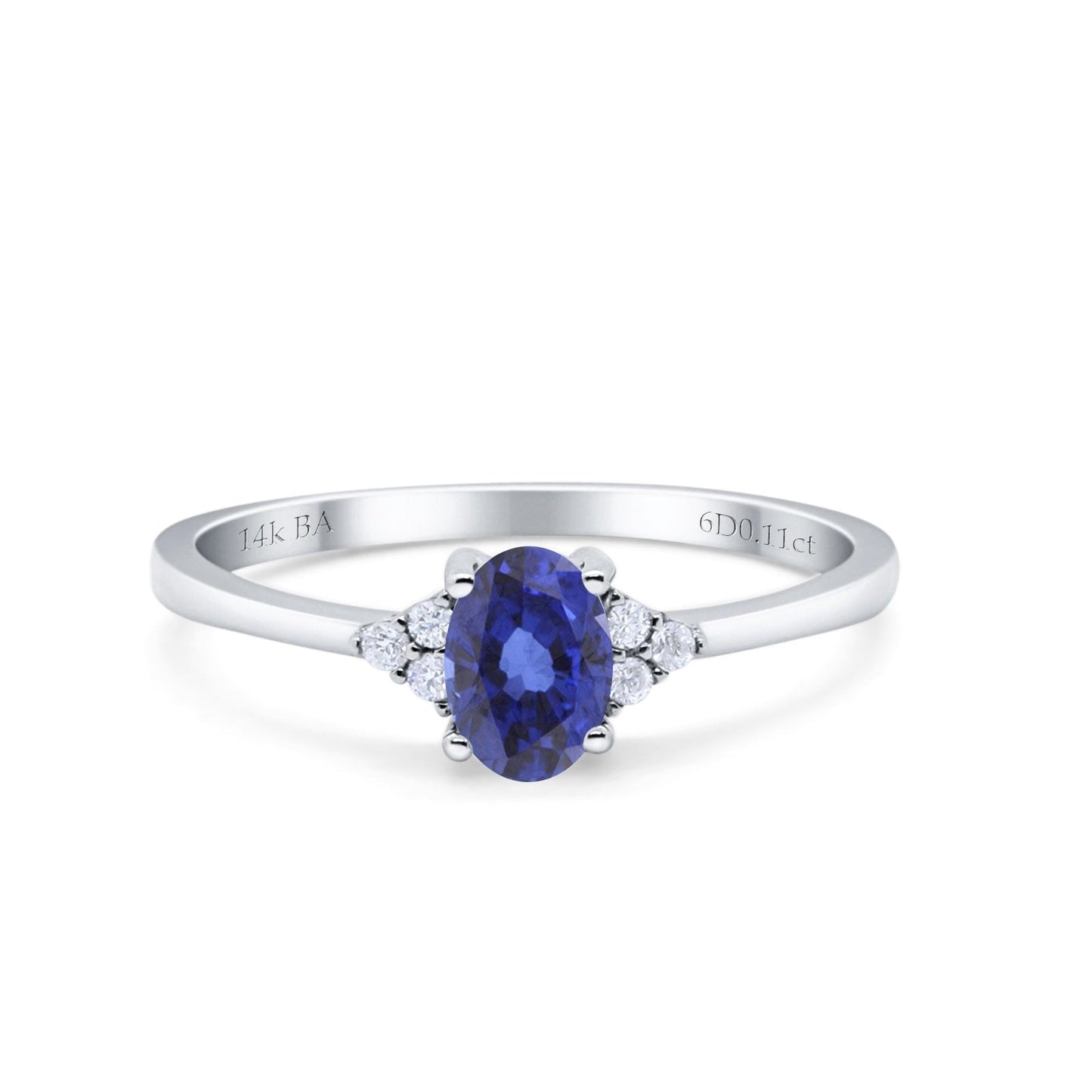 14K White Gold 0.87ct Art Deco Oval 7mmx5mm G SI Nano Blue Sapphire Diamond Engagement Wedding Ring Size 6.5