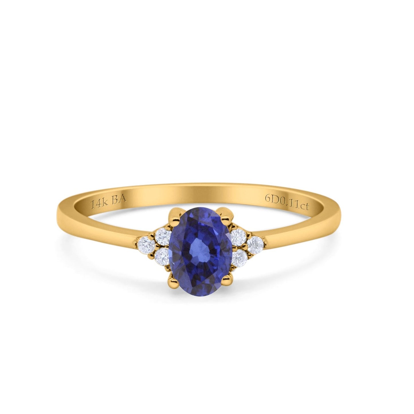 14K Yellow Gold 0.87ct Art Deco Oval 7mmx5mm G SI Nano Blue Sapphire Diamond Engagement Wedding Ring Size 6.5