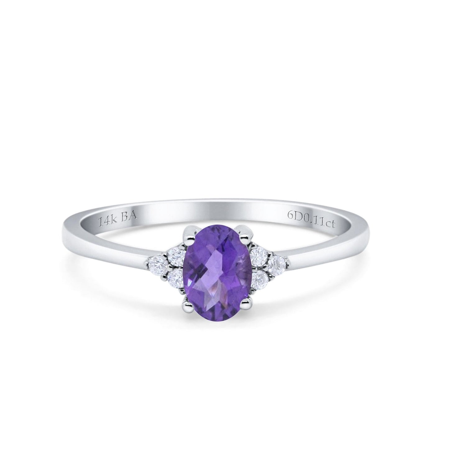 14K White Gold 0.87ct Art Deco Oval 7mmx5mm G SI Natural Amethyst Diamond Engagement Wedding Ring Size 6.5