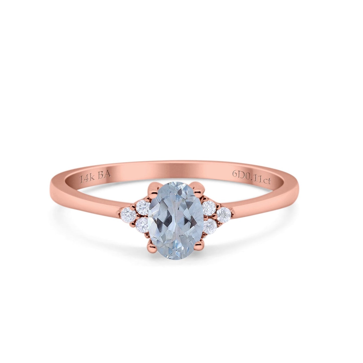 14K Rose Gold 0.87ct Art Deco Oval 7mmx5mm G SI Natural Aquamarine Diamond Engagement Wedding Ring Size 6.5