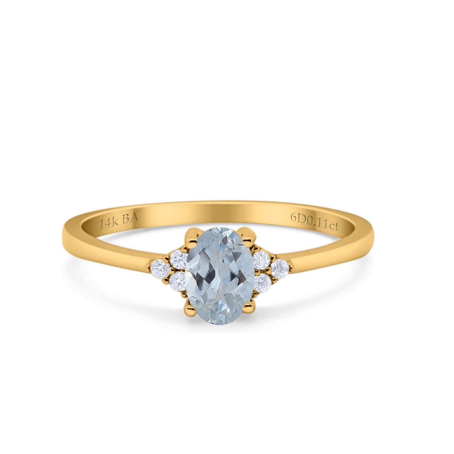 14K Yellow Gold 0.87ct Art Deco Oval 7mmx5mm G SI Natural Aquamarine Diamond Engagement Wedding Ring Size 6.5