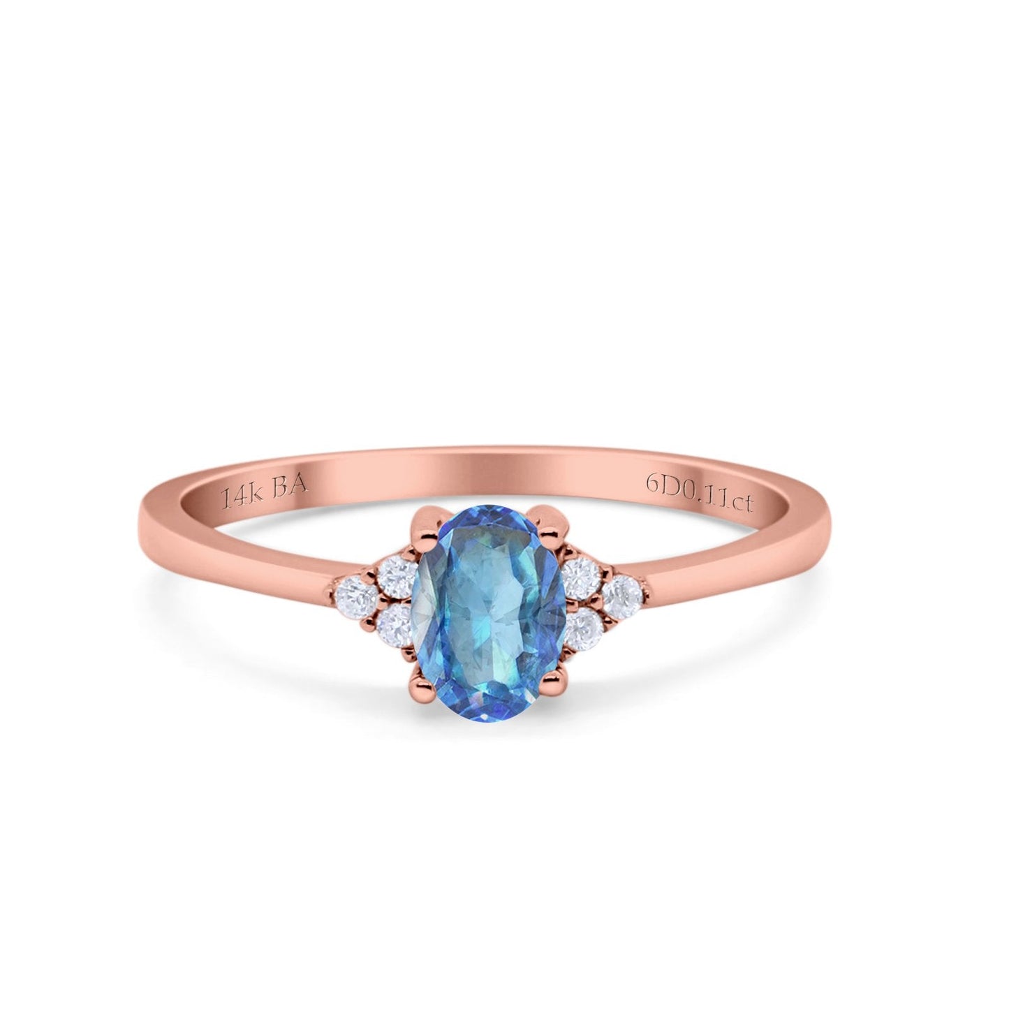 14K Rose Gold 0.87ct Art Deco Oval 7mmx5mm G SI Natural Blue Topaz Diamond Engagement Wedding Ring Size 6.5