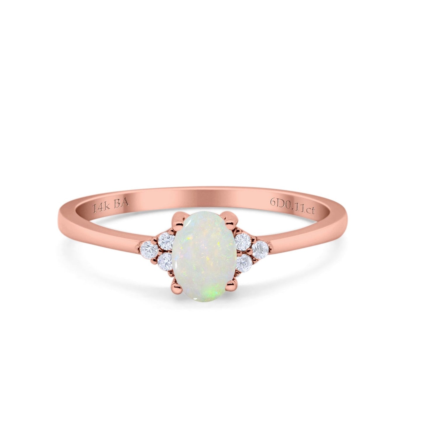 14K Rose Gold 0.11ct Art Deco Oval 7mmx5mm G SI Natural White Opal Diamond Engagement Wedding Ring Size 6.5