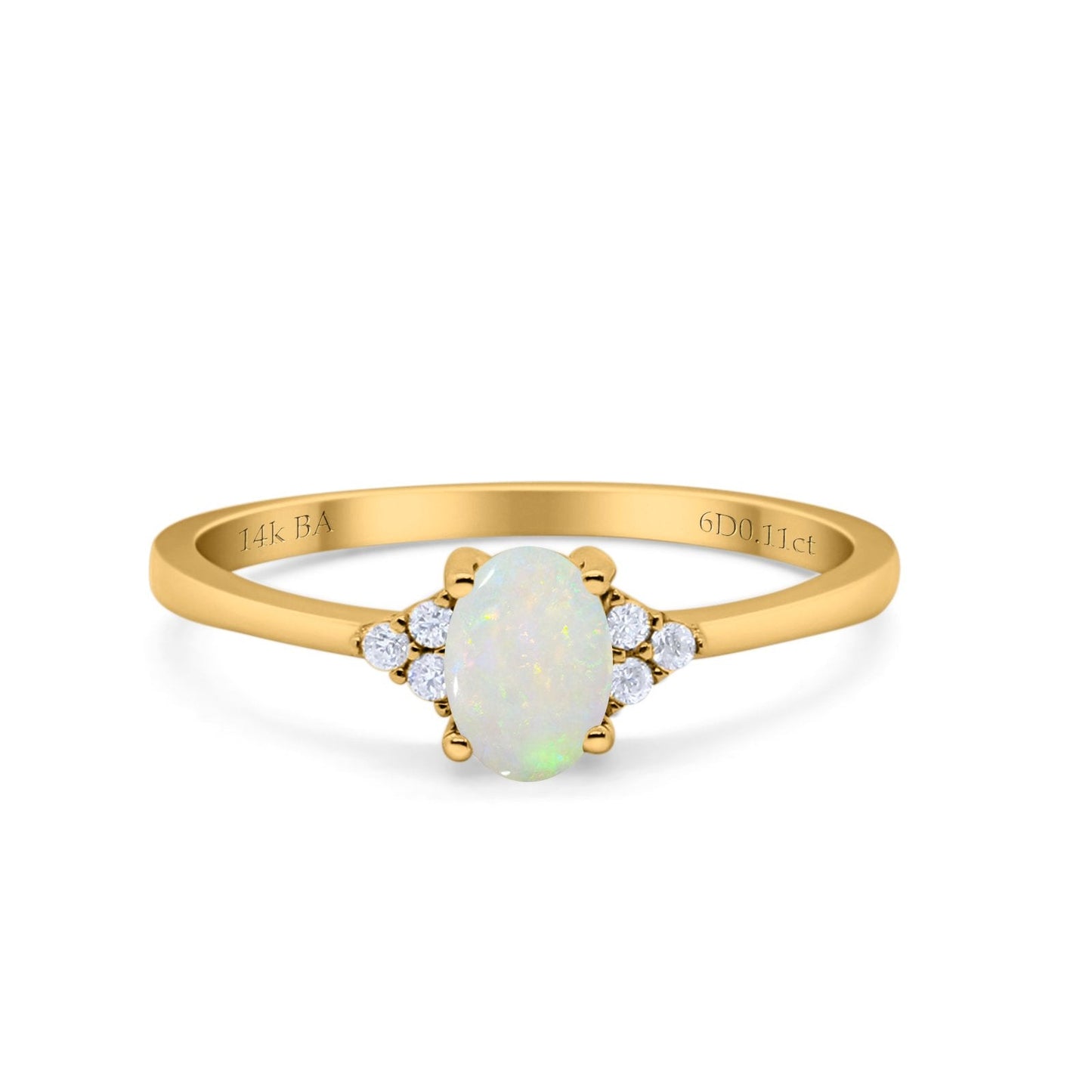 14K Yellow Gold 0.11ct Art Deco Oval 7mmx5mm G SI Natural White Opal Diamond Engagement Wedding Ring Size 6.5