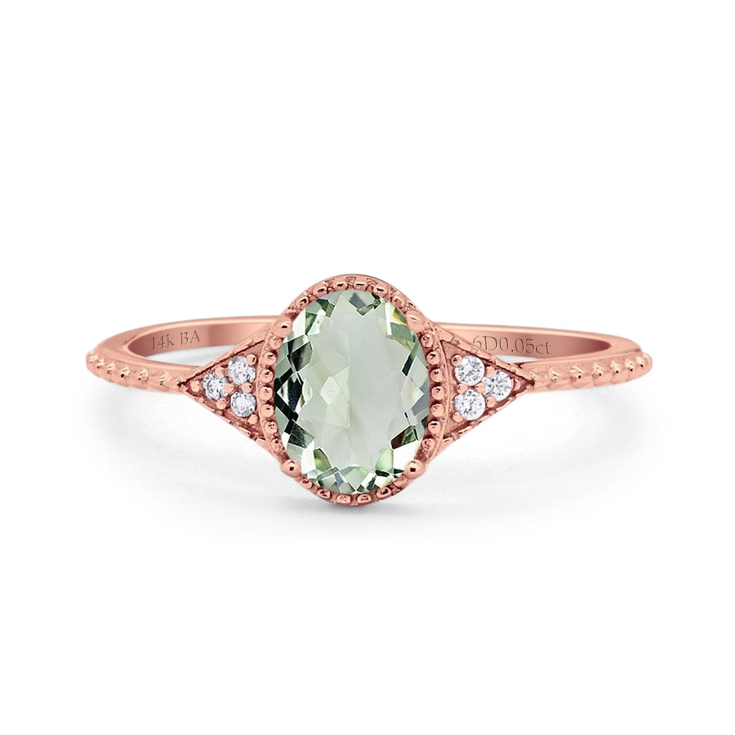 14K Rose Gold 1.26ct Oval Art Deco 8mmx6mm G SI Natural Green Amethyst Diamond Engagement Wedding Ring Size 6.5