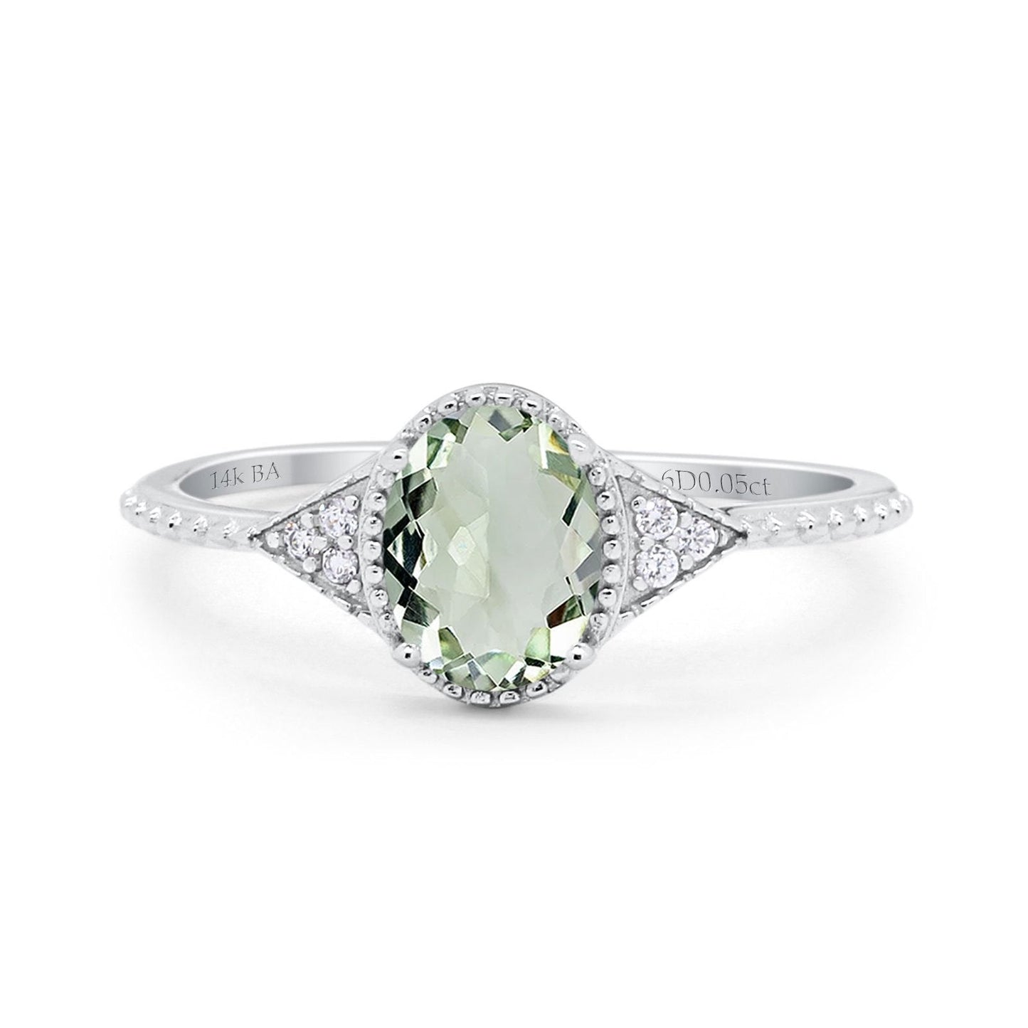 14K White Gold 1.26ct Oval Art Deco 8mmx6mm G SI Natural Green Amethyst Diamond Engagement Wedding Ring Size 6.5