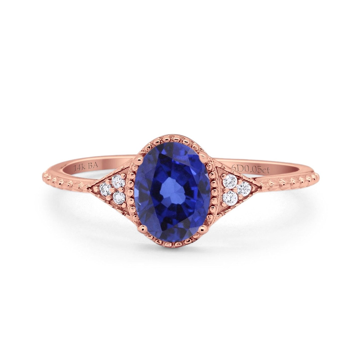 Bague de fiançailles en or rose 14 carats 1,26 ct Art déco ovale 8 mm x 6 mm G SI Lab saphir bleu diamant taille 6,5