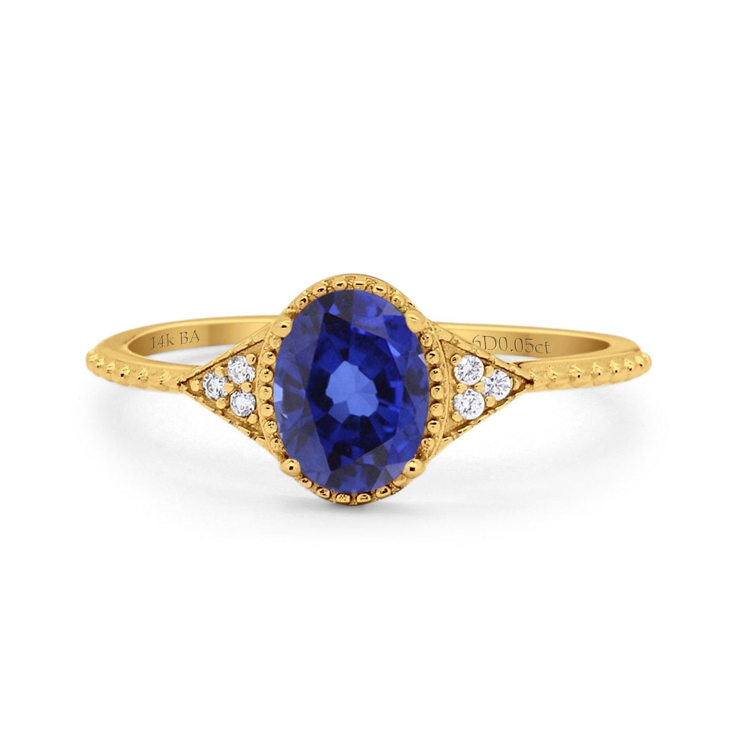 14K Yellow Gold 1.26ct Oval Art Deco 8mmx6mm G SI Lab Blue Sapphire Diamond Engagement Wedding Ring Size 6.5