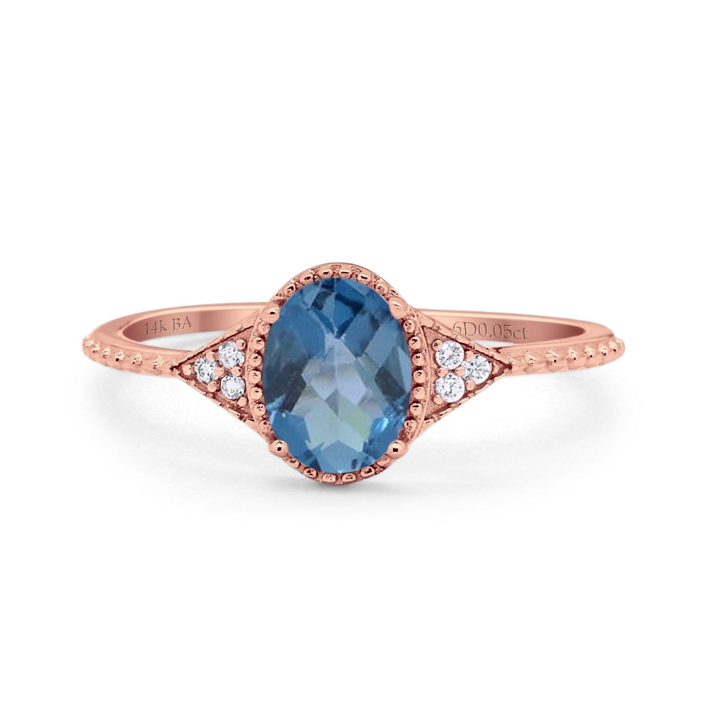 Bague de fiançailles en or rose 14 carats 1,26 ct Art déco ovale 8 mm x 6 mm G SI avec topaze bleue de Londres et diamant, taille 6,5