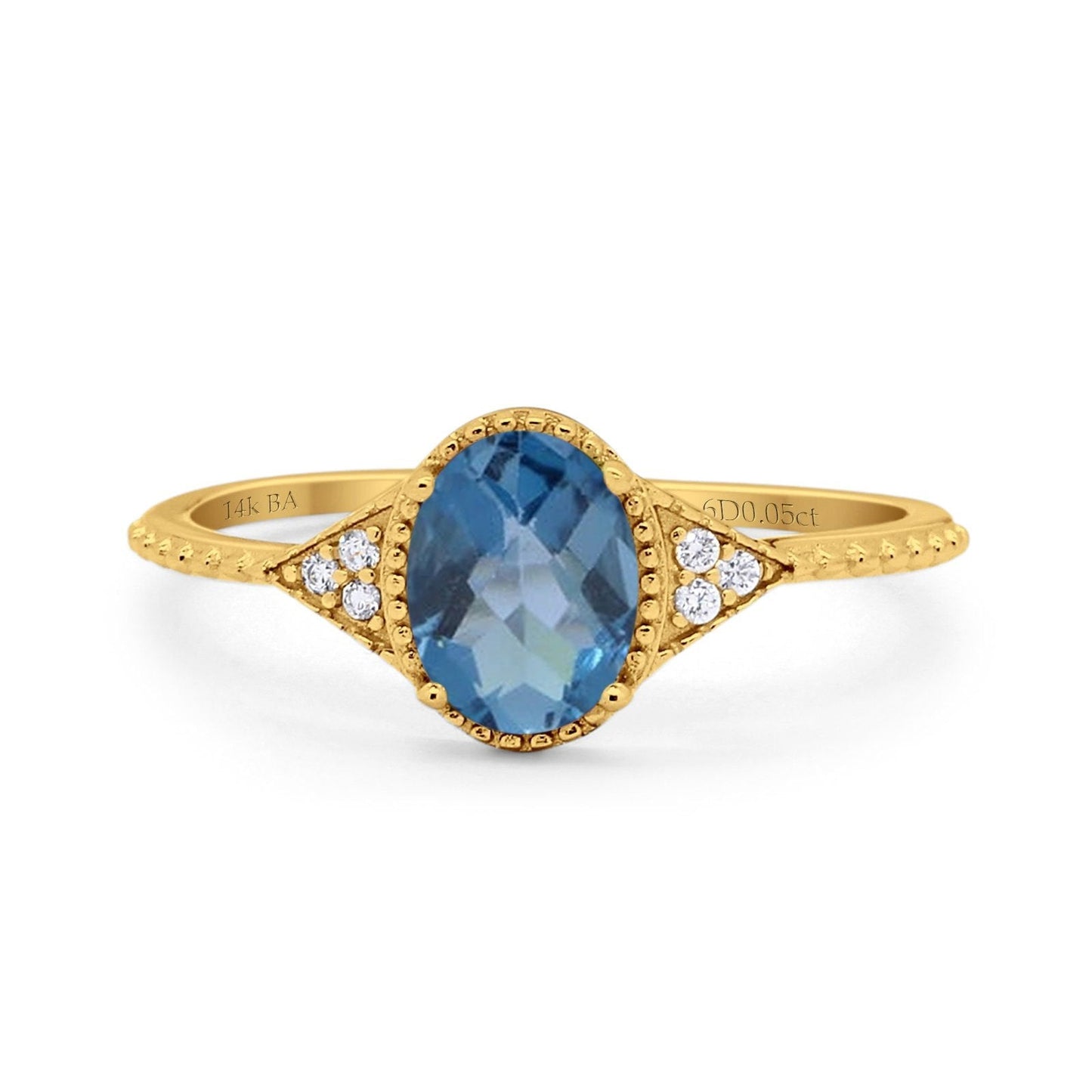 14K Yellow Gold 1.26ct Oval Art Deco 8mmx6mm G SI London Blue Topaz Diamond Engagement Wedding Ring Size 6.5