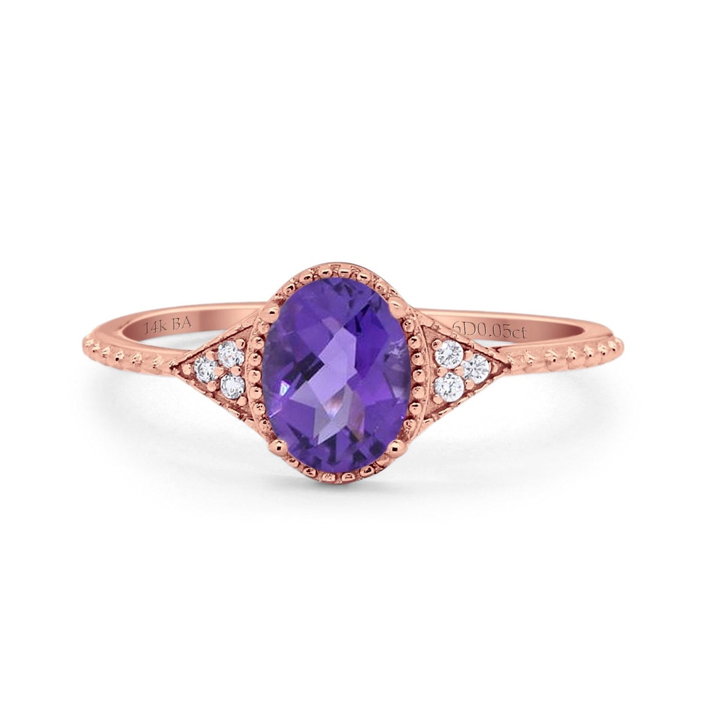 14K Rose Gold 1.26ct Oval Art Deco 8mmx6mm G SI Natural Amethyst Diamond Engagement Wedding Ring Size 6.5