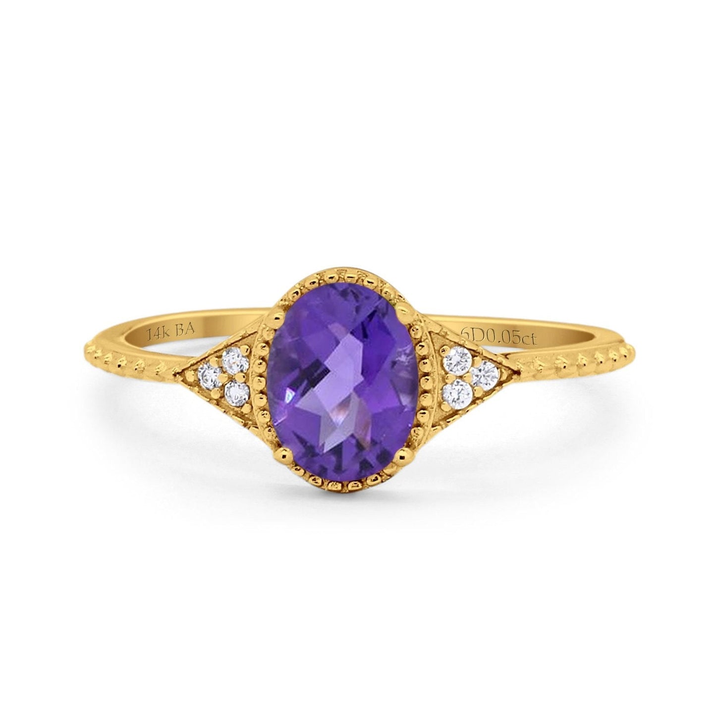 14K Yellow Gold 1.26ct Oval Art Deco 8mmx6mm G SI Natural Amethyst Diamond Engagement Wedding Ring Size 6.5