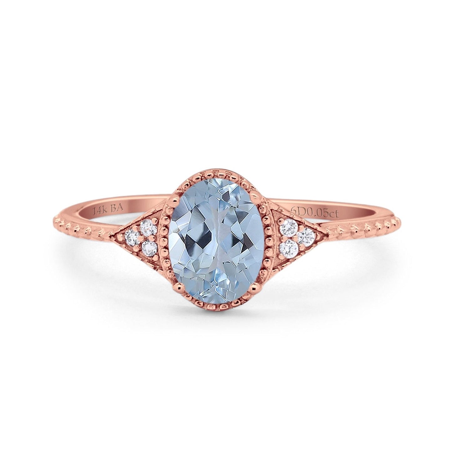 14K Rose Gold 1.26ct Oval Art Deco 8mmx6mm G SI Natural Aquamarine Diamond Engagement Wedding Ring Size 6.5