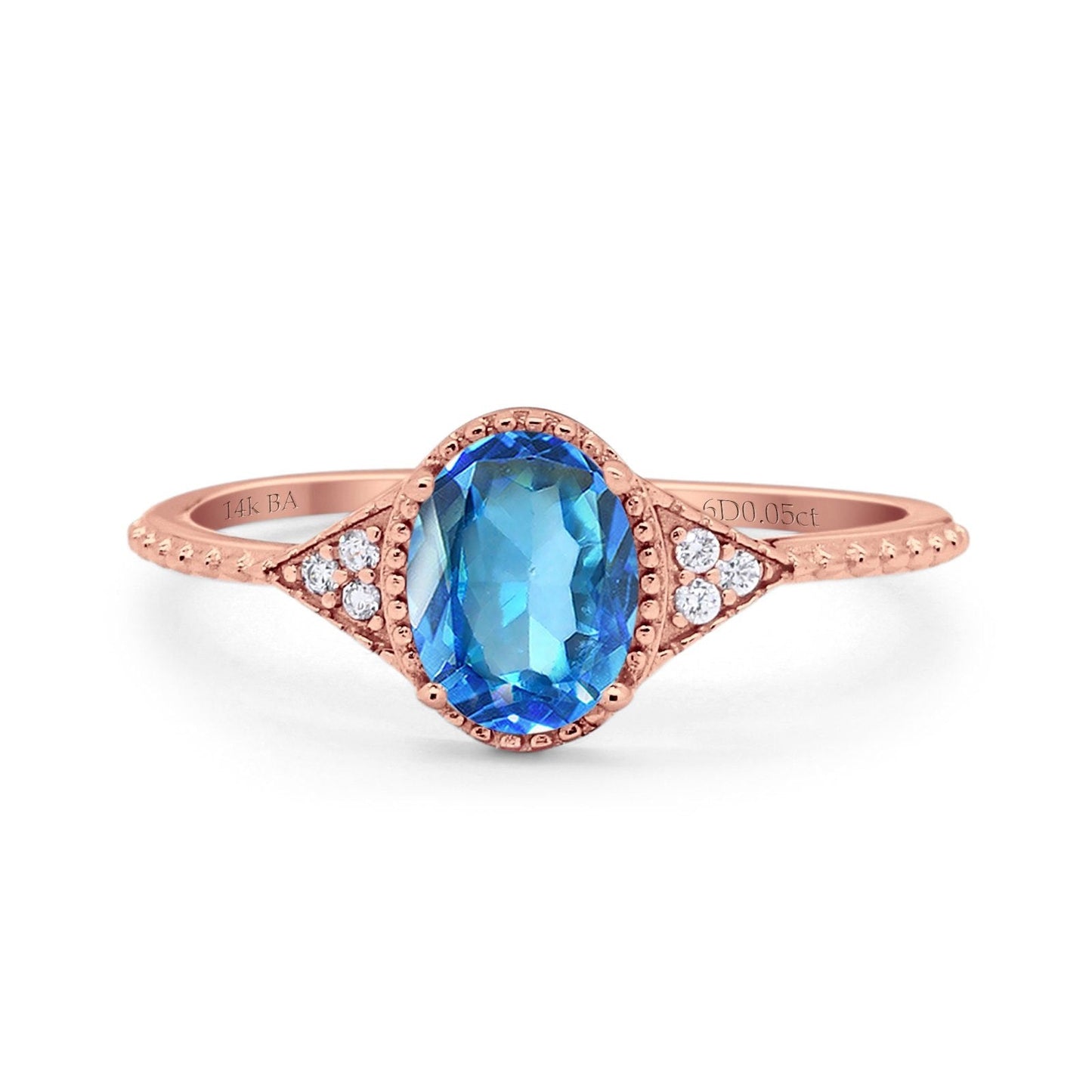 14K Rose Gold 1.26ct Oval Art Deco 8mmx6mm G SI Natural Blue Topaz Diamond Engagement Wedding Ring Size 6.5