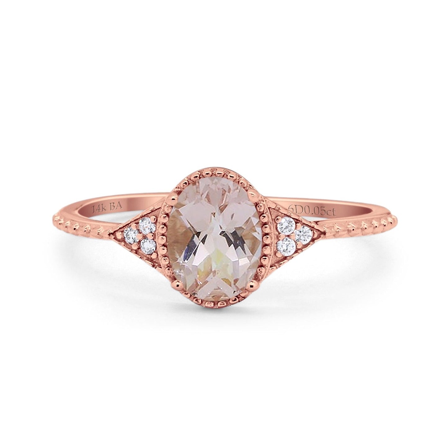 14K Rose Gold 1.26ct Oval Art Deco 8mmx6mm G SI Natural Morganite Diamond Engagement Wedding Ring Size 6.5