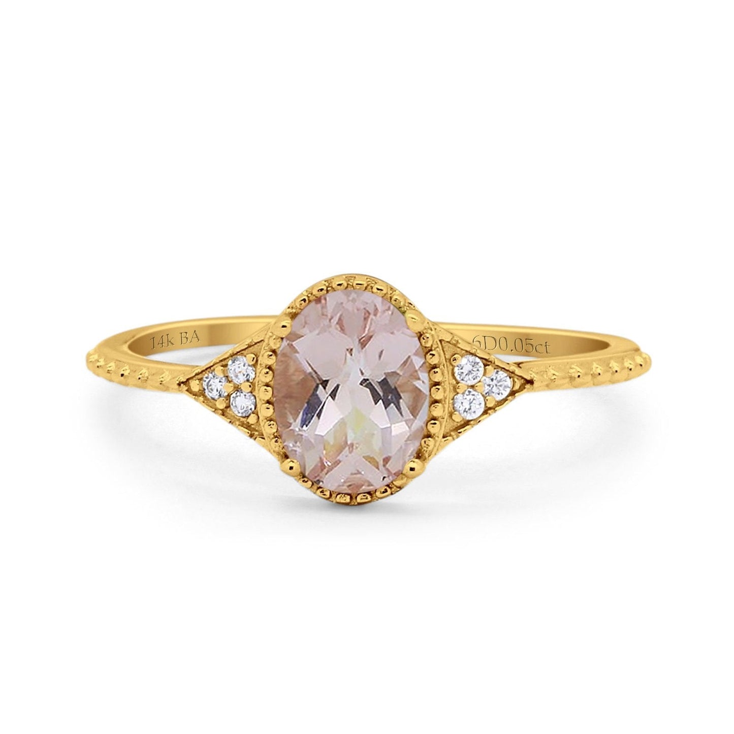 14K Yellow Gold 1.26ct Oval Art Deco 8mmx6mm G SI Natural Morganite Diamond Engagement Wedding Ring Size 6.5