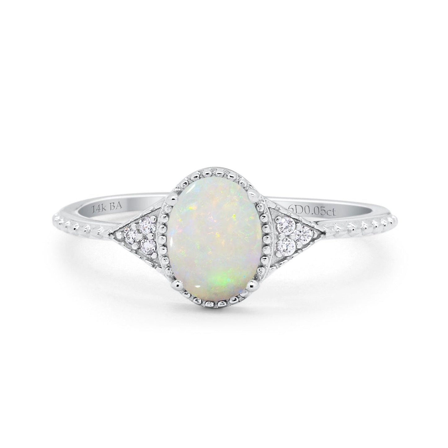 14K White Gold 1.26ct Oval Art Deco 8mmx6mm G SI Natural White Opal Diamond Engagement Wedding Ring Size 6.5