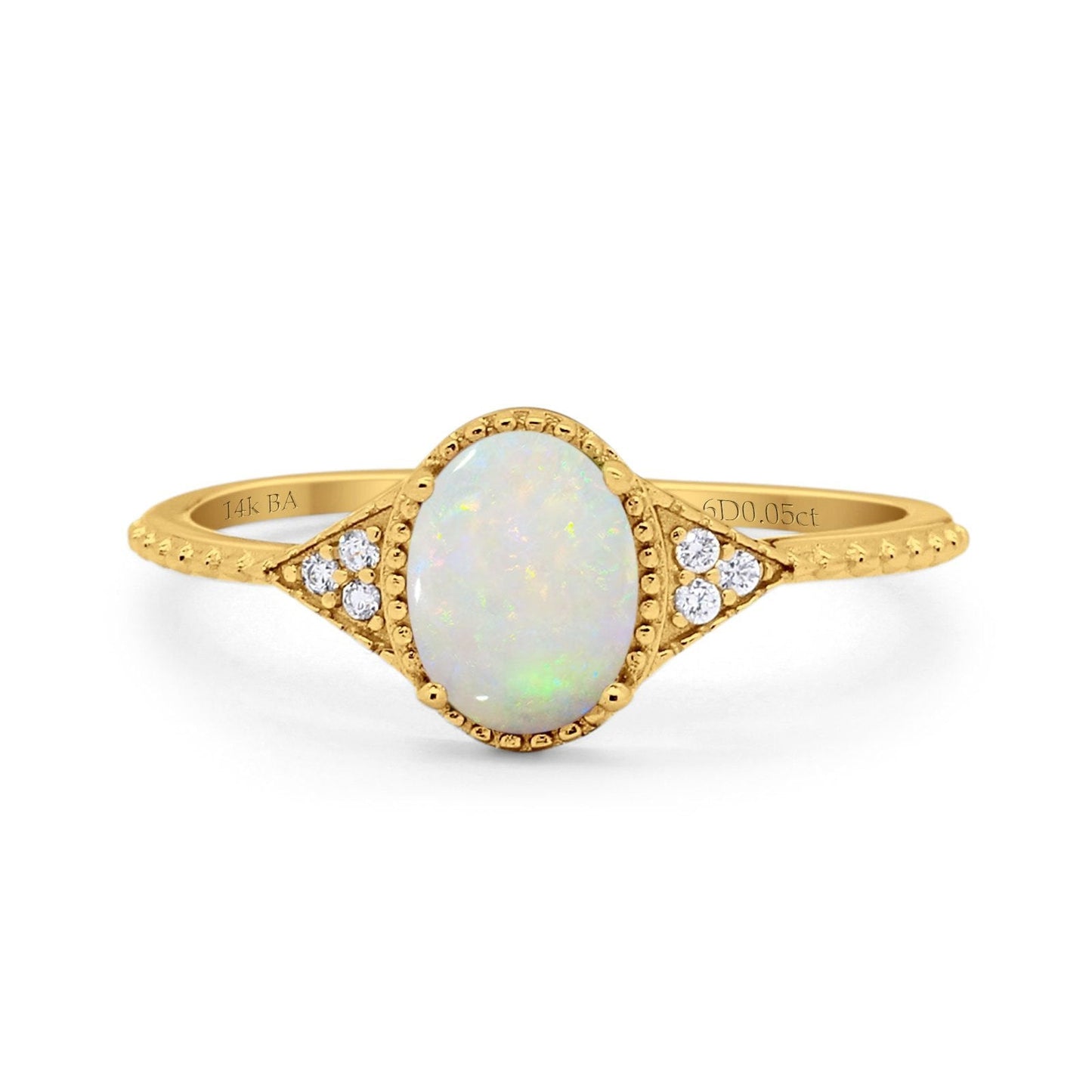 14K Yellow Gold 1.26ct Oval Art Deco 8mmx6mm G SI Natural White Opal Diamond Engagement Wedding Ring Size 6.5