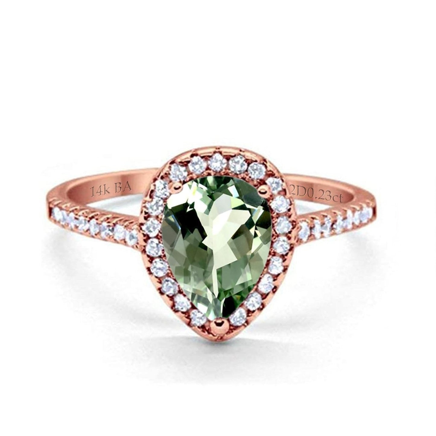 14K Rose Gold 1.48ct Teardrop Pear 8mmx6mm G SI Natural Green Amethyst Diamond Engagement Wedding Ring Size 6.5