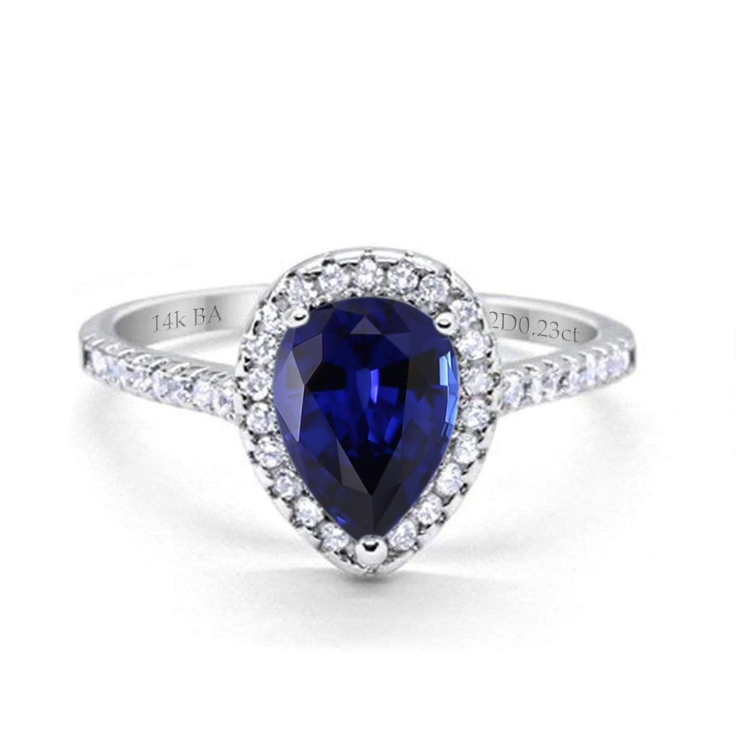 14K White Gold 1.48ct Teardrop Pear 8mmx6mm G SI Lab Blue Sapphire Diamond Engagement Wedding Ring Size 6.5