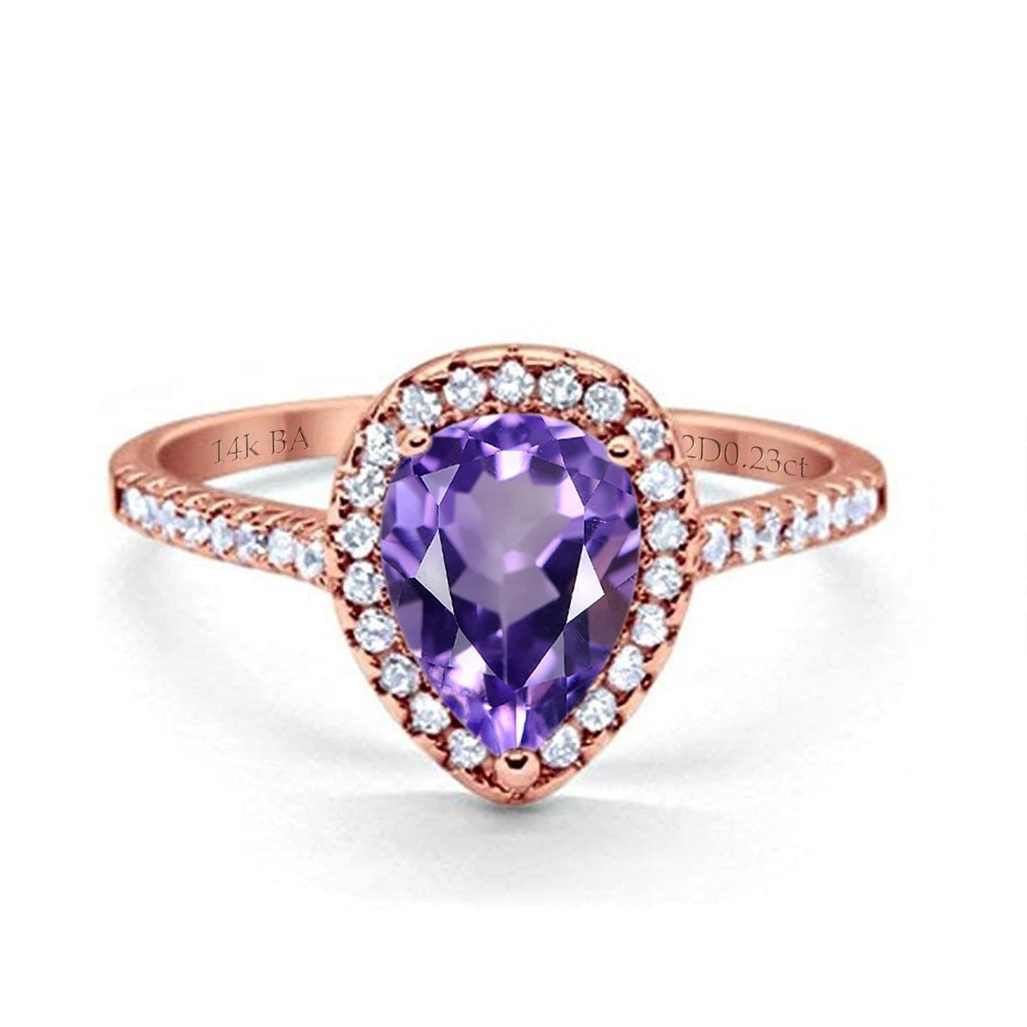 14K Rose Gold 1.48ct Teardrop Pear 8mmx6mm G SI Natural Amethyst Diamond Engagement Wedding Ring Size 6.5