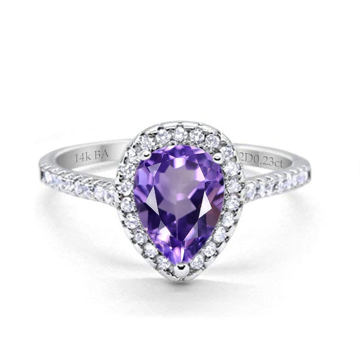 14K White Gold 1.48ct Teardrop Pear 8mmx6mm G SI Natural Amethyst Diamond Engagement Wedding Ring Size 6.5