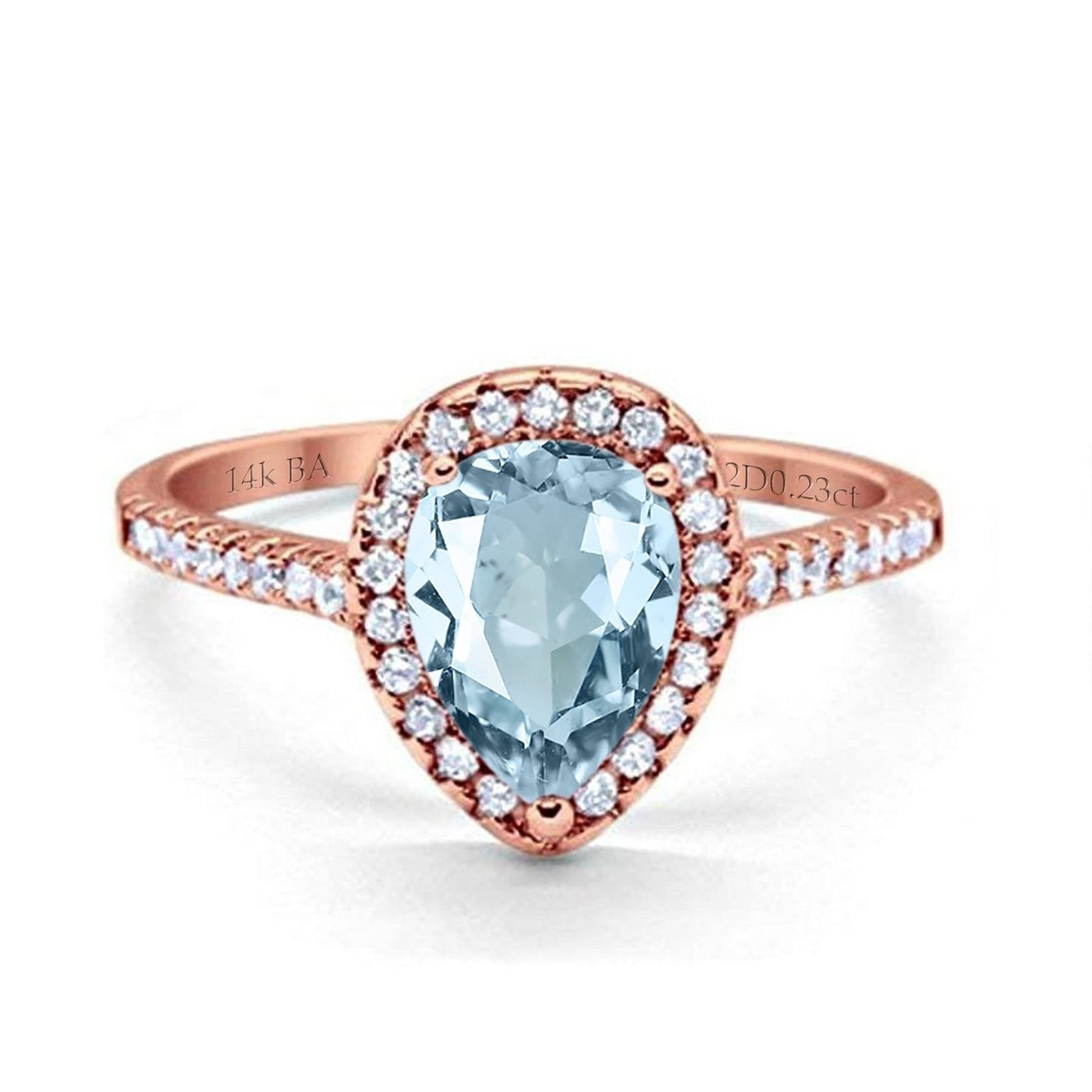 14K Rose Gold 1.48ct Teardrop Pear 8mmx6mm G SI Natural Aquamarine Diamond Engagement Wedding Ring Size 6.5