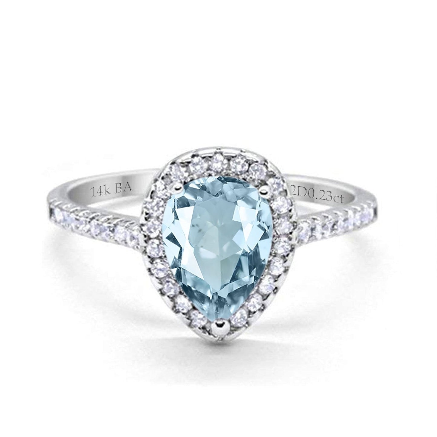 14K White Gold 1.48ct Teardrop Pear 8mmx6mm G SI Natural Aquamarine Diamond Engagement Wedding Ring Size 6.5