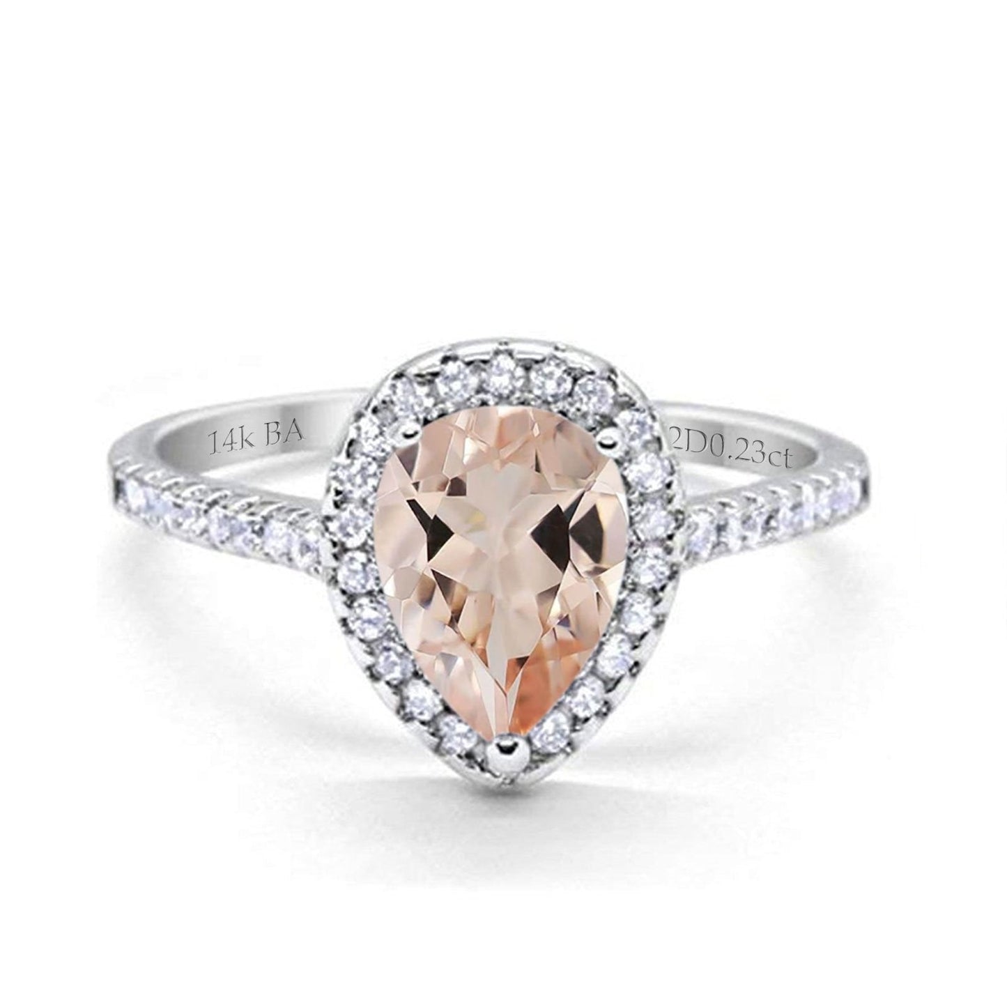 14K White Gold 1.48ct Teardrop Pear 8mmx6mm G SI Natural Morganite Diamond Engagement Wedding Ring Size 6.5