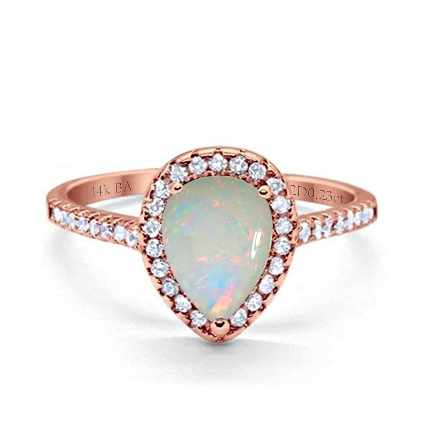 14K Rose Gold 0.23ct Teardrop Pear 8mmx6mm G SI Natural White Opal Diamond Engagement Wedding Ring Size 6.5